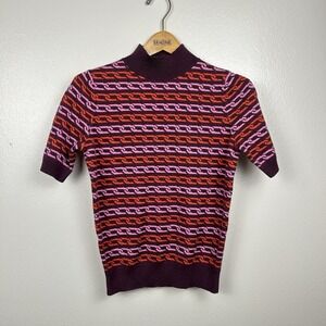 Ann Taylor Women's Short Sleeve Knit Sweater S Chain Link Preppy Retro Mock Neck